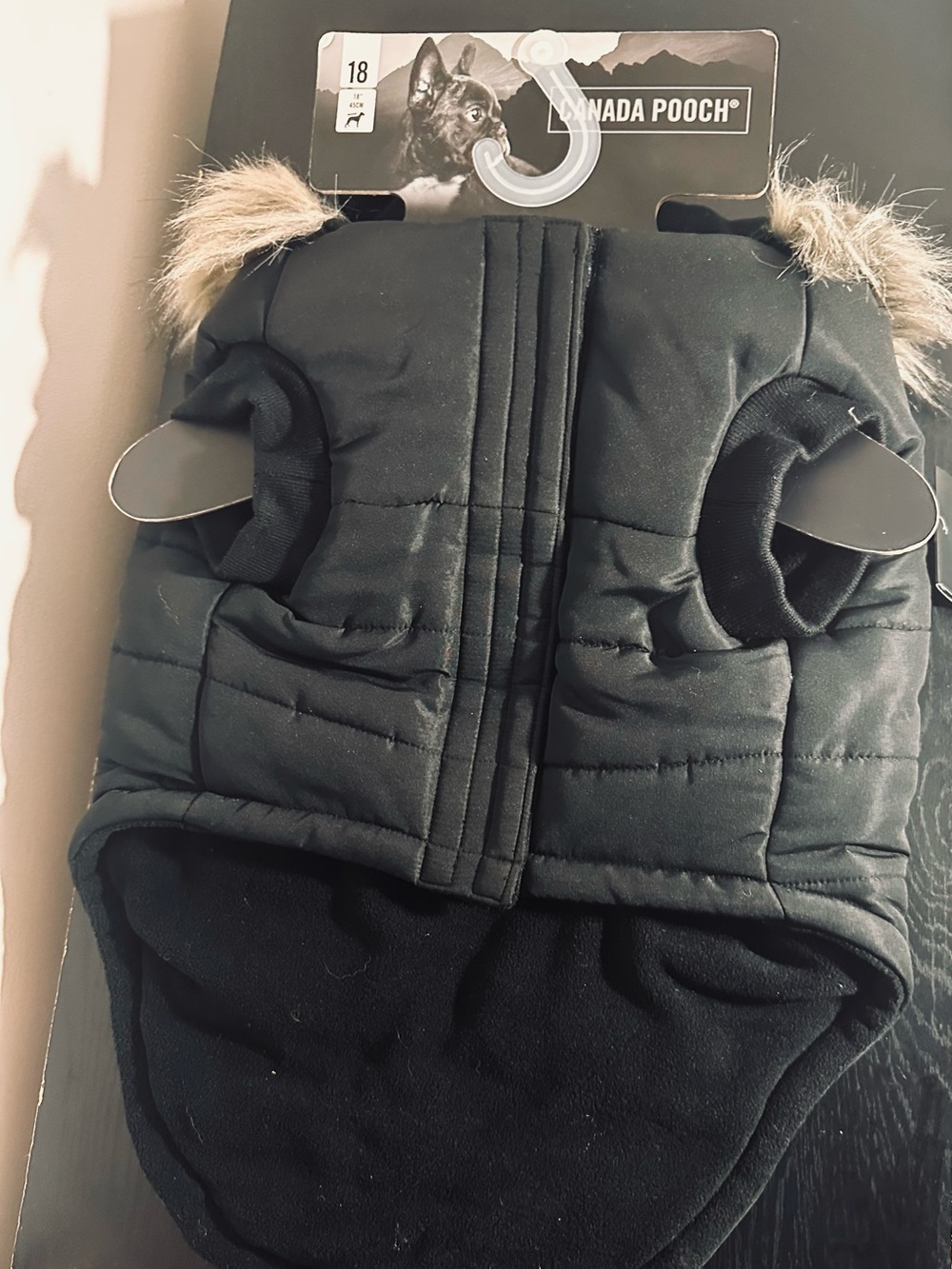 Canada Pooch Black Puffer Dog Coat with Faux Fur Hood Trim